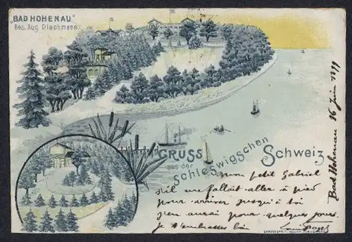 Lithographie Langballig, Hotel Bad Hohenau in der Schleswigschen Schweiz