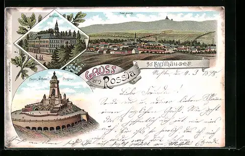 Lithographie Rossla a. Kyffhäuser, Schloss, Kyffhäuser-Denkmal, Totale