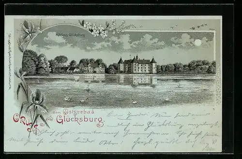 Mondschein-Lithographie Glücksburg, Blick auf das Schloss am Wasser mit Schäwnen