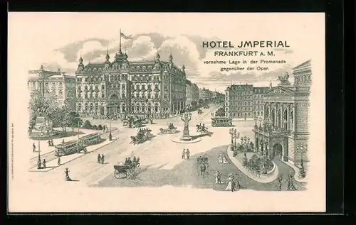 Lithographie Frankfurt a. M., Hotel-Restaurant Imperial, gegenüber Oper und Kaiser-Wilhelm-Denkmal