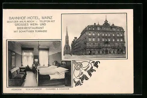 AK Mainz, Bahnhof-Hotel, Eckfassade mit Blick auf Kirche, Schlafzimmer