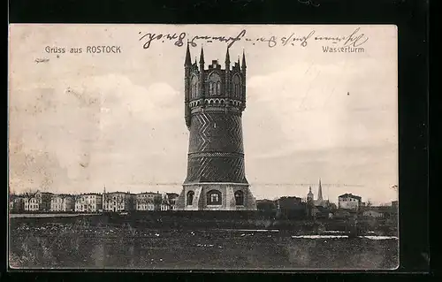 AK Rostock, Wasserturm mit Ortsansicht