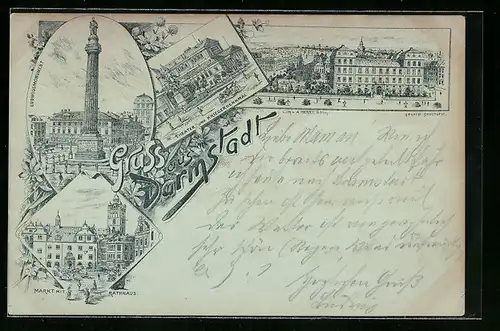 Lithographie Darmstadt, Theater und Kriegerdenkmal, Ludwigsmonument, Markt mit Rathaus