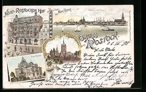 Lithographie Rostock, Hotel Rostocker Hof v. Max Hoth, Stadtr. Theater, Ortsansicht von der Fähre aus
