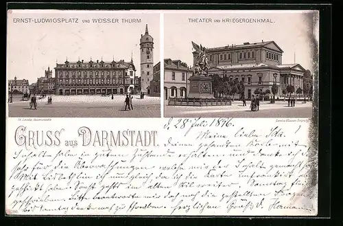 Lithographie Darmstadt, Ernst-Ludwigsplatz und weisser Thurm, Theater und Kriegerdenkmal