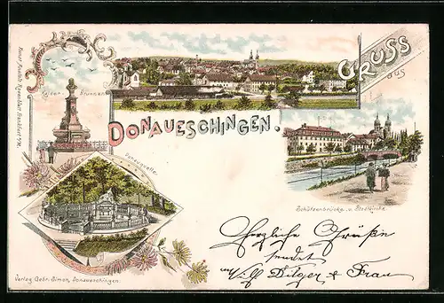 Lithographie Donaueschingen, Ortsansicht, Kaiser-Brunnen, Schützenbrücke, Donauquelle