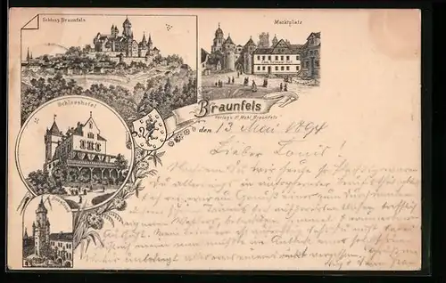 Lithographie Braunfels, Marktplatz, Schloss Braunfels, Schlosshotel, Bergfried