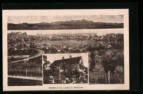 AK Bodolz bei Lindau, Gasthaus, Teilansicht, Bergpanorama