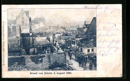 AK Ilsfeld, Brand 1904, Ortspartie mit Ruinen und Einwohnern
