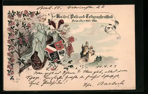 Künstler-AK Kaiserl. Post- und Telegraphenschule Semester 1902-1903, Burgfräulein, Wappen