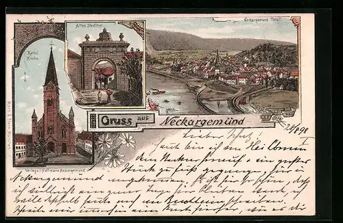 Lithographie Neckargemünd, Totalansicht, Katholische Kirche, Altes Stadttor