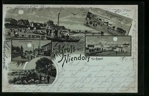 Mondschein-Lithographie Niendorf a. d. Ostsee, Strandpartie, Strandstrasse, Promenade