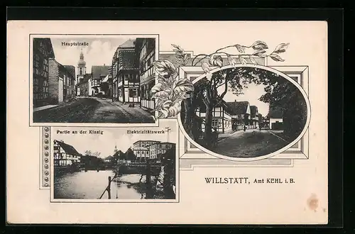 AK Willstätt, Partie an der Kinzig u. Elektrizitätswerk, Hauptstrasse, Mehrfachansicht