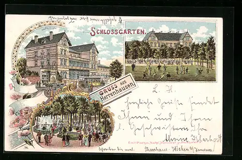 Lithographie Herrenhausen, Hotel & Pension Schlossgarten mit Strassenbahn