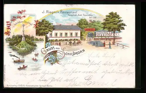 Lithographie Berlin-Grunewald, J. Rieger`s Restaurant Schildhorn, Schildhorn-Denkmal