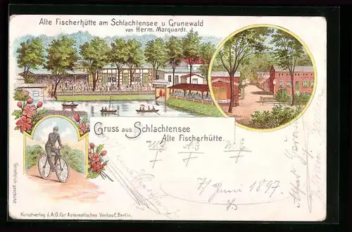 Lithographie Berlin-Schlachtensee, Gasthaus Alte Fischerhütte, Inh.: Herm. Marquardt