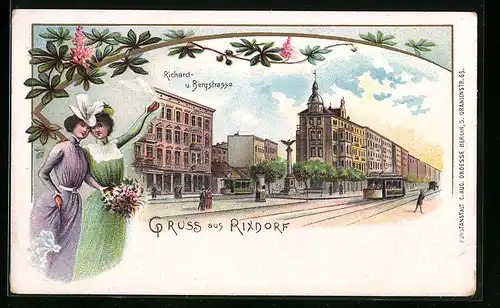 Lithographie Rixdorf, Zwei Damen in der Richard- u. Bergstrasse