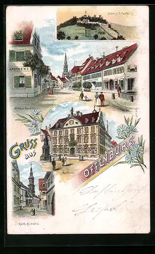 Lithographie Offenburg, Mittlere Hauptstrasse mit Apotheke, Schloss Ortenberg, Rathaus