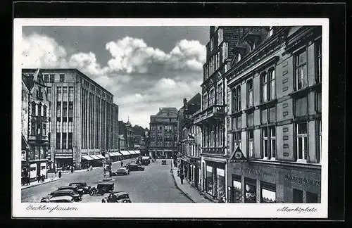 AK Recklinghausen, Blick über den Marktplatz mit Autos