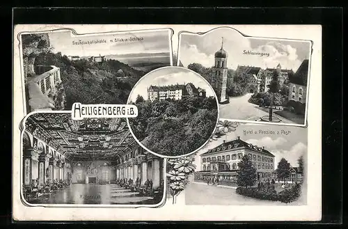 AK Heiligenberg i. B., Hotel zur Post, Schloss, Freundschaftshöhle mit Blick auf Schloss