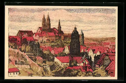 Steindruck-AK Meissen, Teilansicht der Stadt