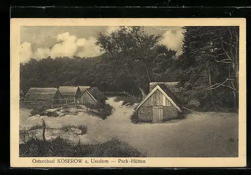 AK Koserow a. Usedom, Pack-Hütten im Nebel