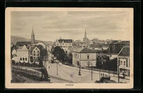 AK Haspe, Ortsansicht mit Blick auf die Kirche und Strassenbahn
