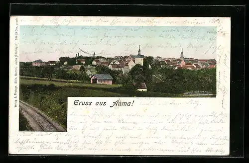 AK Auma (Thüringen), Ortsansicht, Häuser mit leuchtenden Fenstern