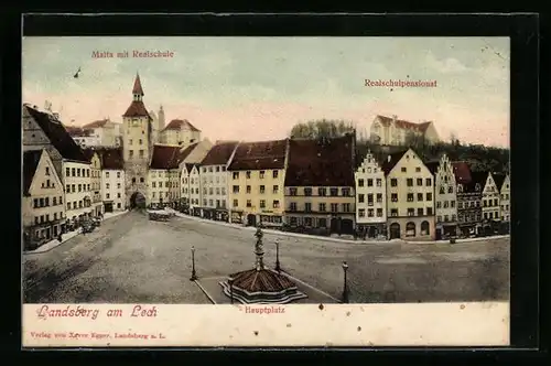 AK Landsberg a. L., Ortsansicht mit Blick auf die Realschulpensionat, Malta mit Realschule, Hauptplatz