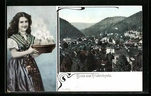 AK Friedrichroda, Ortsansicht, Frau in Tracht mit Klössen