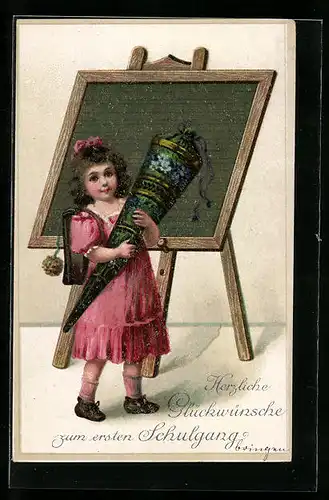 AK Mädchen mit Schultüte vor einer Tafel, Schulanfang