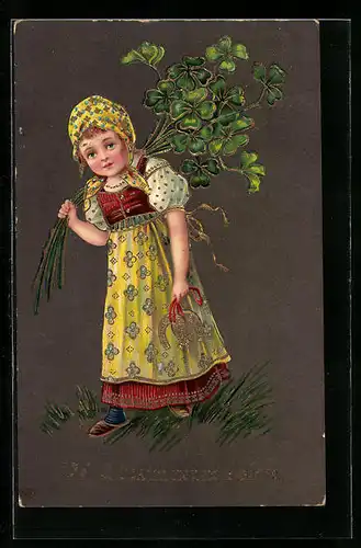 AK Mädchen mit Hufeisen und Kleeblatt