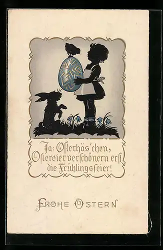 AK Schattenbild, Osterhase mit Mädchen