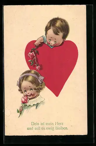 AK Kinder mit Blumen am Herz