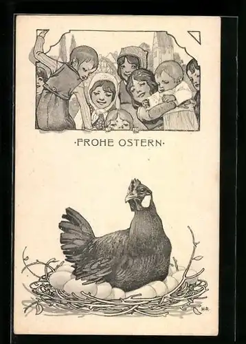 AK Kinder beobachten ein auf dem Gelege sitzendes Huhn, Ostern