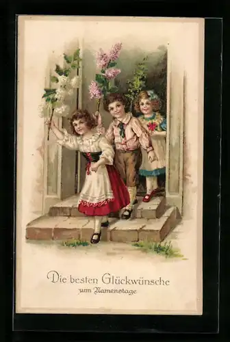 AK Kinder mit Fliederzweigen zum Namenstag