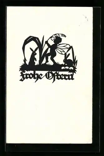 AK Scherenschnitt, Engelchen mit Osterhase