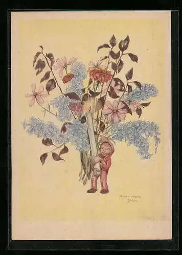 Künstler-AK Kleiner Zwerg mit Kerze und Blumen