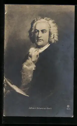 Künstler-AK Portrait Johann Sebastian Bach mit Perücke und Tuch