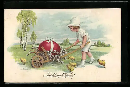 Künstler-AK Kränzle: Knabe mit Osterei auf einer Schubkarre, Ostergruss
