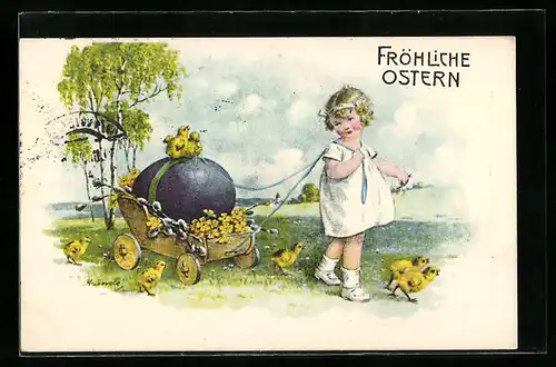 Künstler-AK Kränzle: Mädchen mit Osterei-Wagen und Küken, Ostergruss