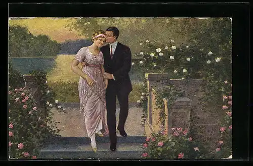Künstler-AK Kränzle: Elegantes Paar an einem See bei Sonnenuntergang