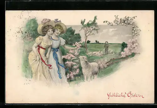 Künstler-AK Kränzle: Zwei junge Damen mit einem Lamm, Ostergruss