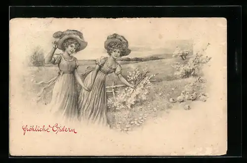 Künstler-AK Kränzle: Zwei junge Damen mit blühenden Zweigen, Ostergruss