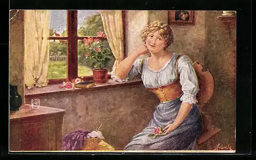 Künstler-AK Kränzle: Junge Frau mit Rose am Fenster