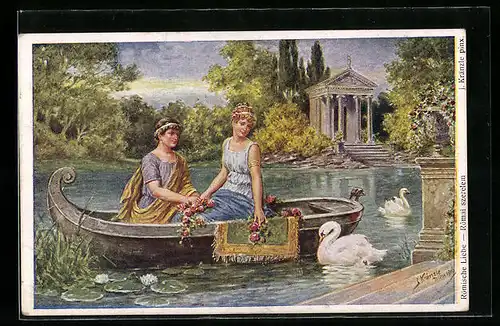Künstler-AK Kränzle: Römische Liebe, Paar im Boot und Schwäne