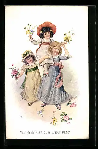 Künstler-AK Kränzle: Drei Mädchen gratulieren mit Blumen zum Geburtstag