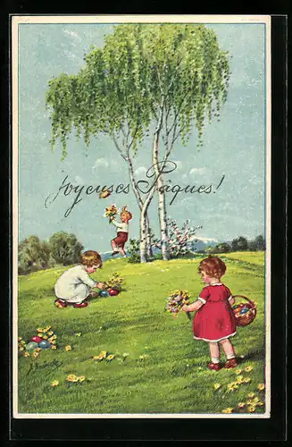 Künstler-AK Kränzle: Kinder bei fröhlicher Eiersuche, Ostergruss