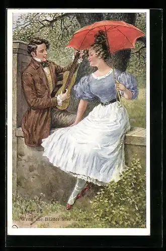 Künstler-AK Kränzle: Wenn die Blätter leise rauschen!, Mann mit Gitarre singt für die Dame