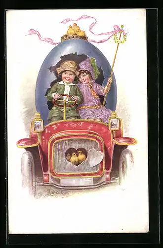 Künstler-AK Kränzle: Kleines Paar mit Frühlingskranz im Osterei-Auto, Ostergruss